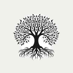 black tree silhouette vector illustration with roots isolated on white background.