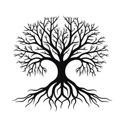 black tree silhouette vector illustration with roots isolated on white background. - 649800607