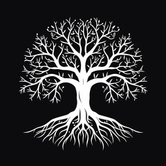 White tree silhouette vector illustration with roots isolated on black background.