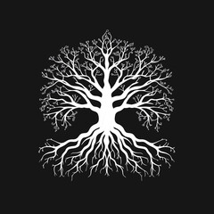 White tree silhouette vector illustration with roots isolated on black background.