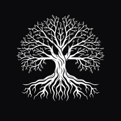 White tree silhouette vector illustration with roots isolated on black background.