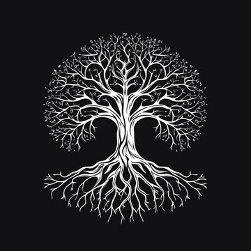 White tree silhouette vector illustration with roots isolated on black background.
