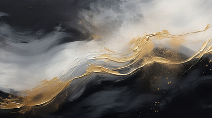 Abstract art painting background, black, white and gold, oil paint texture with brush and palette knife strokes
