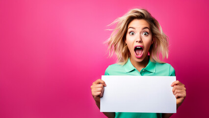 Surprised blonde nurse in green polo shirt shouts while holding a sign. Pink background