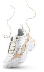 White sneaker with flying laces stands on the tip isolated on transparent background. Running...
