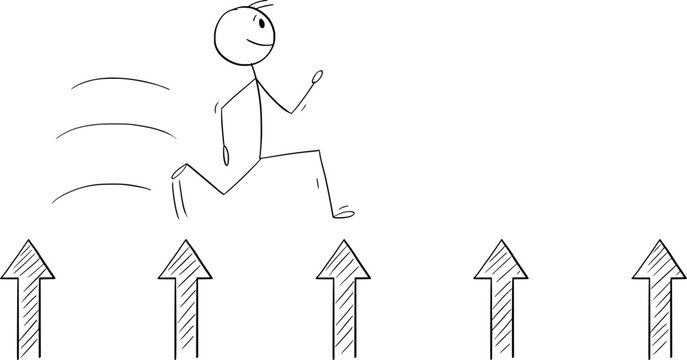 Person or Businessman Jumping over Arrows, Vector Cartoon Stick Figure Illustration