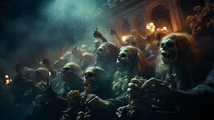 a group of popcorn eating zombies at a movie theater