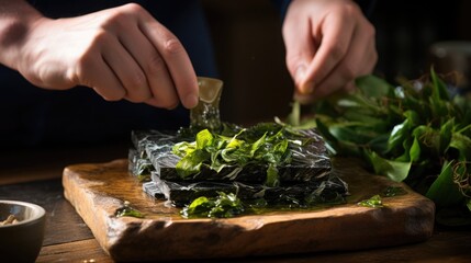 a chef's hands expertly handling seaweed while preparing a mouthwatering recipe. - obrazy, fototapety, plakaty