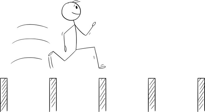 Person or Businessman Jumping over Stakes or Obstacles, Vector Cartoon Stick Figure Illustration