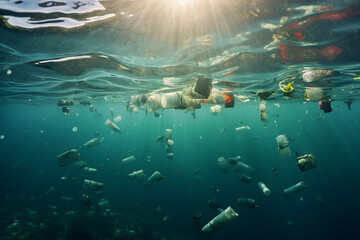 Naklejka premium Generative AI image of garbage floating in the ocean underwater concept fresh clear water and pollution