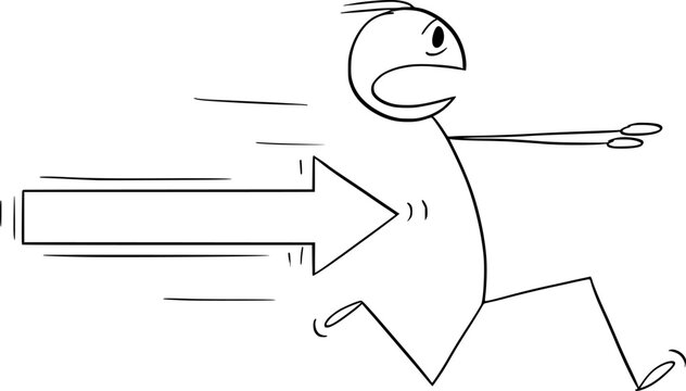 Person Running Away from Arrow, Vector Cartoon Stick Figure Illustration