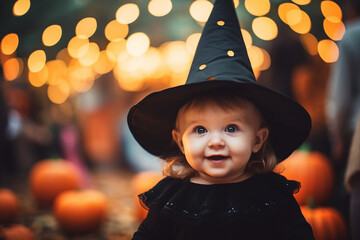 Little kid baby in witch costume celebrating first halloween holiday Generative AI picture