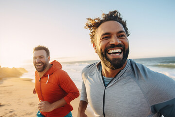 Generative AI portrait of happy person running and enjoying morning jogging intense cardio regime