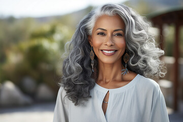 Generative AI image of a stunning attractive mature woman with beautiful long wavy hair isolated on grey background