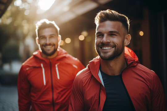 Generative AI picture of sportive young friends warming up jogging together early in the morning
