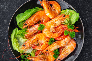 spicy shrimp fried prawns fresh seafood meal food snack on the table copy space food background rustic top view