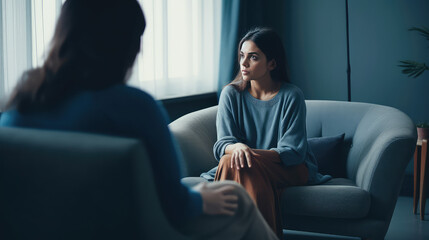 A woman with mental problems in consultation with a psychologist. Consultation for mental health. Therapist, psychology and female patient sitting on sofa. - obrazy, fototapety, plakaty