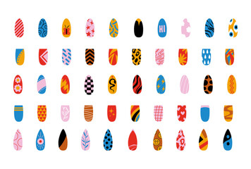 Painted nails collection. Colorful glossy decorative polish collection with texture and print for finger nail. Woman manicure pedicure design vector set