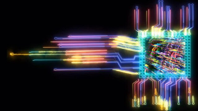 Quantum computer chip futuristic technology digital layer holographic process and analysis for big data and abstract orange zone polygon