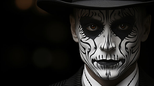 a man captivates with his striking appearance, wearing intricate skull makeup reminiscent celebrated Sugar Skull tradition,which is also popular choice Halloween festivities.Generative AI illustration