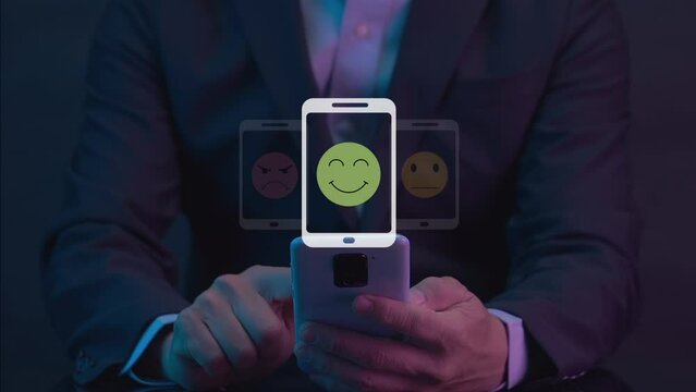 Businessman or customer give rating to service experience on virtual touch screen and finger pressing smiley face emoticon to review satisfaction feedback survey, Customer service evaluation concept