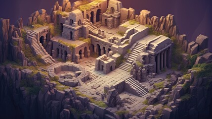 isometric ancient ruins map, video game concept art
