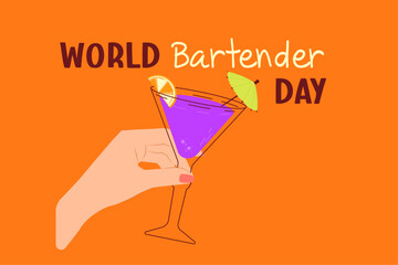 Vector flat illustration world bartender day.Cocktail in hand illustration.