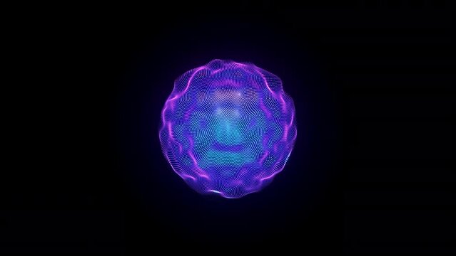 Blue wavy glowing 3D sphere made of neon moving particles on black background. Abstract visualization of sound waves, big data or artificial intelligence. Seamless loop 4K animation of energy waves