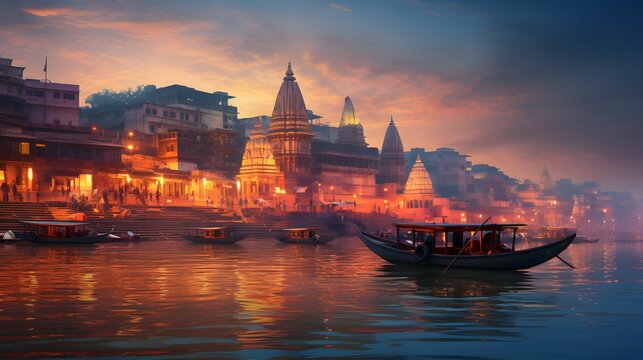 Varanasi city with ancient architecture. View of the holy Manikarnika ghat at Varanasi India at sunset 

