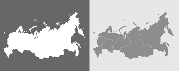 Russia map set in grey background. Map of Russia in administrative regions in grey. 