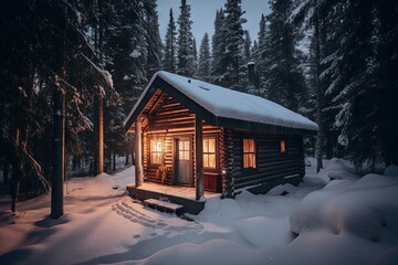 Cozy wooden scandinavian cabin with glowing light from windows in snowy forest. Winter holidays time, merry christmas.