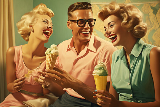 3 Young people enjoying ice cream, Adults eating ice cream, Illustration of friends eating ice cream, happy friends eating ice cream together, Vintage concept illustration, Old style, AI generated