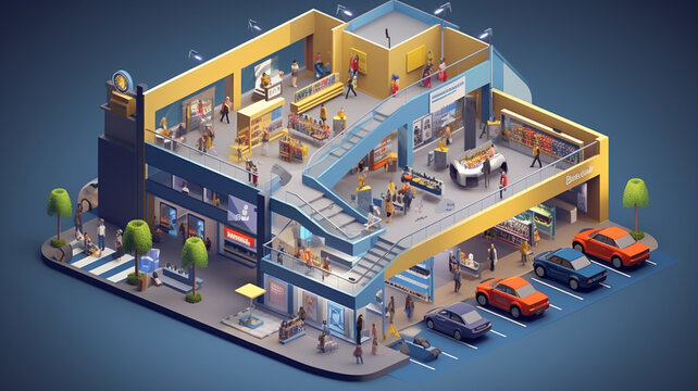 3D of the shopping mall. Business concept. Isometric style. Generative AI.