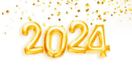 2024 golden foil balloons with golden confetti on white background for New Year celebration.
