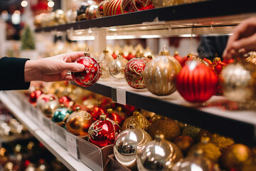Selective focus, hand are selecting souvenir and colourful shining decoration balls on the shelf and box at the counter of stall during christmas season. Generative AI.  - obrazy, fototapety, plakaty