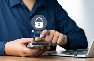 Cybersecurity and privacy concepts to protect data. information security and encryption, Businessman or User typing login and password protecting personal data on smartphone and virtual interfaces.