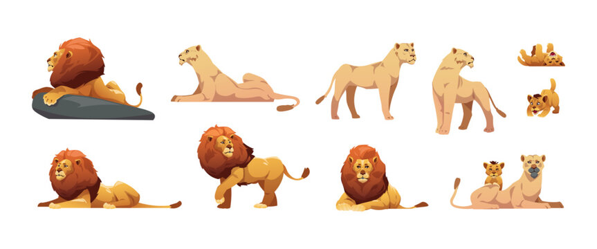 Cartoon Lioness. Cute Family Jungle Cats, Lion Mother And Cub Flat Style, Africa Savana Zoo Animals, Cat Predators Pride. Vector Colorful Set