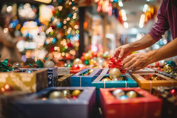 Selective focus, hand are selecting souvenir and colourful shining decoration balls on the shelf and box at the counter of stall during christmas season. Generative AI. 