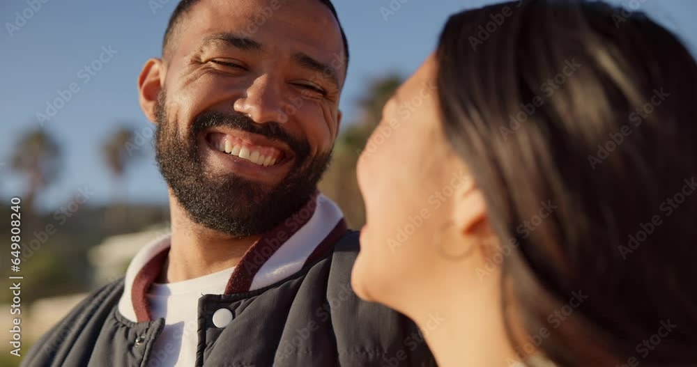 Poster Happy, nature and couple laugh and hug for commitment, bonding and relax together outdoors. Marriage, travel and man and woman in conversation, talking and smile on holiday, vacation and sunset