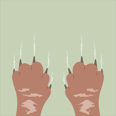 Cat paws with claws scratching green wallpaper . favorite pet . A pet scratching a wall with claws