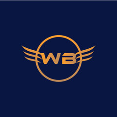 WB gold golden alphabet letter logo design. Background Blue