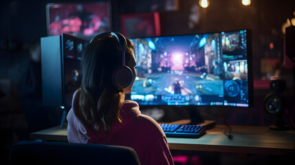 Professional girl gamer plays in MMORPG, Strategy Video Game on her computer. Wears gaming headset and headphones. Participating in online Cyber Games Tournament, plays at home, or in Internet cafe. - obrazy, fototapety, plakaty