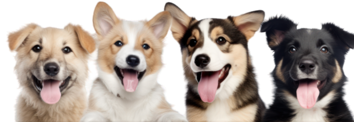 Close-up of happy smilling dog puppies of different breeds isolated on white background generative ai