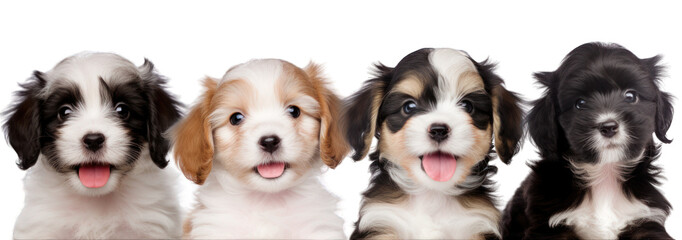 Close-up of happy smilling dog puppies of different breeds isolated on white background generative ai