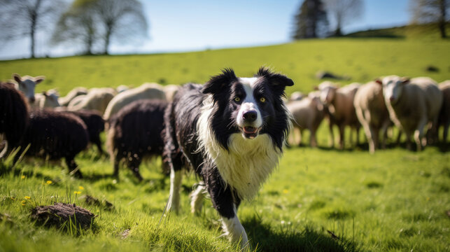 Border collie herding sheep in a lush spring pasture, Background, Illustrations, HD