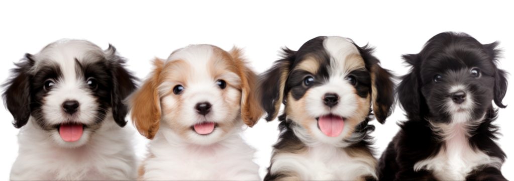Close-up of happy smilling dog puppies of different breeds isolated on white background generative ai