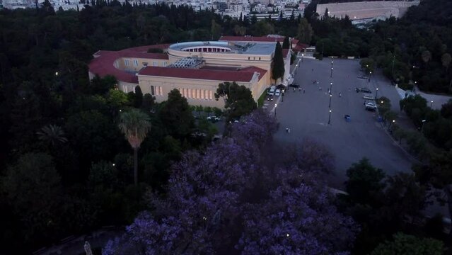 4k Aerial Zappeion Hall Neoclassical Megaron Athens Greece Blue hour
