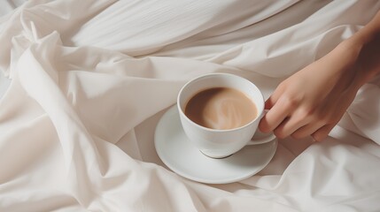 A person's hand delicately holding a steaming cup of coffee, positioned on top of white bed sheets. The morning light subtly illuminates the scene, creating a serene and cozy atmosphere.