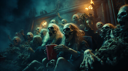 a group of popcorn eating zombies at a movie theater
