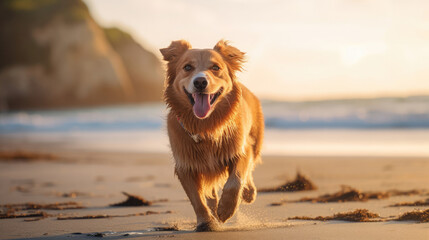 Happy Dog Enjoying The Summer Beach Sandy, Background, Illustrations, HD
